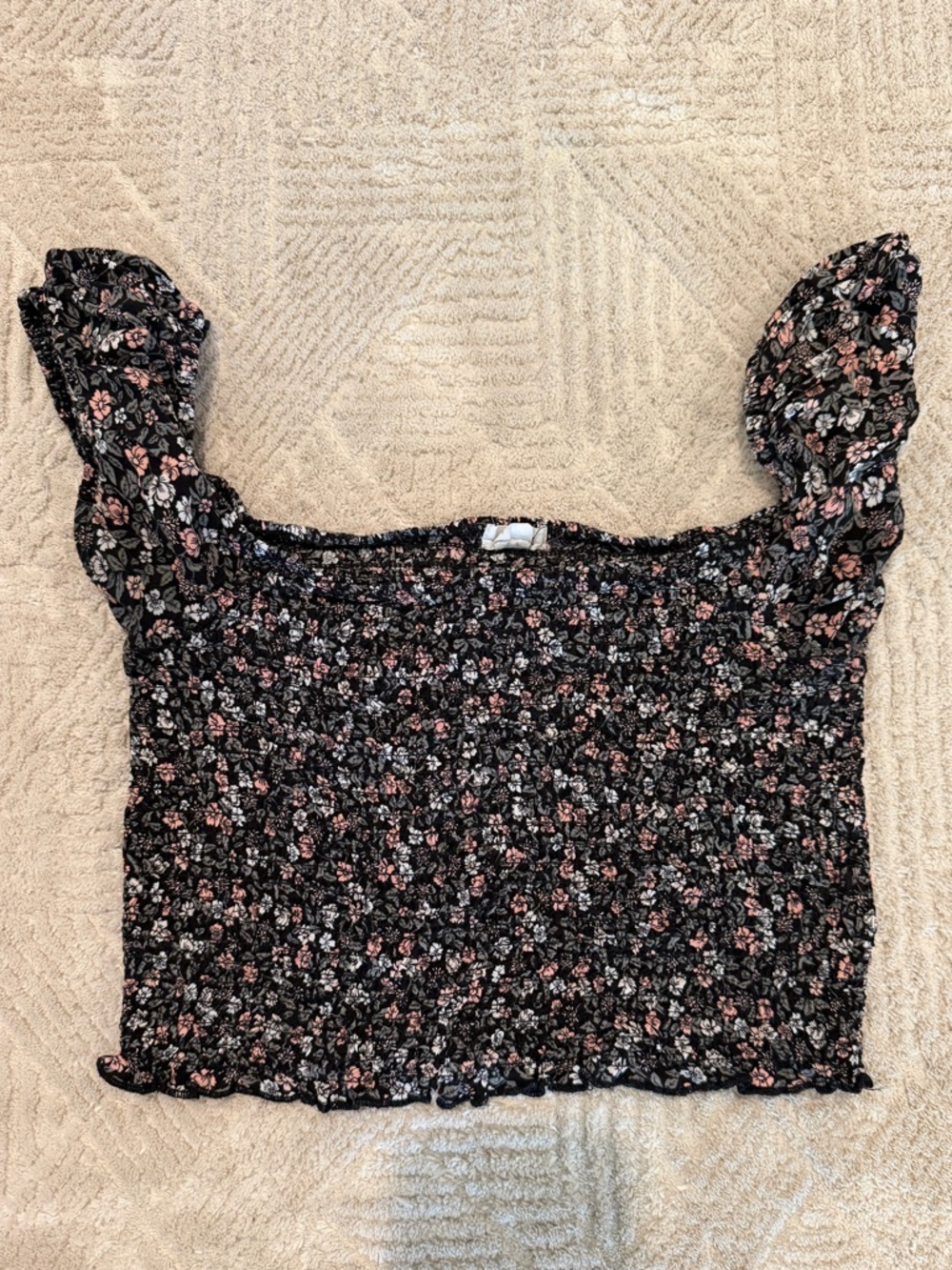 Garage Black Smocked Floral Crop Top with Pink and White Flowers